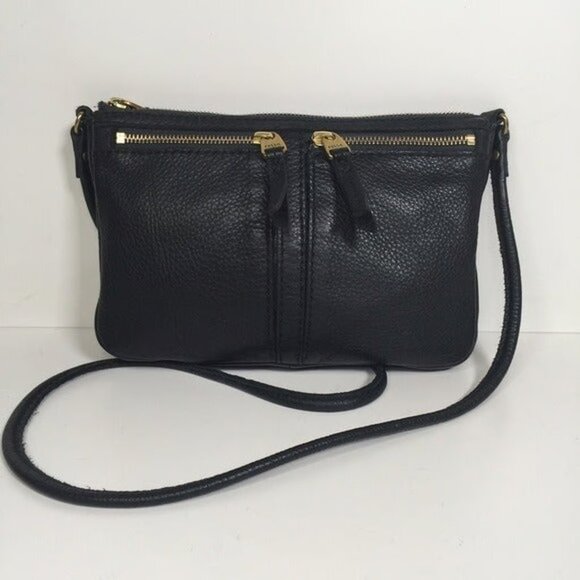 Fossil Double Zip Front Black Leather Crossbody - Picture 1 of 6